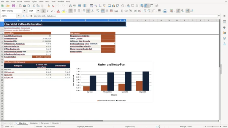 Vorschau von Kaffee-Kalkulation für die Gastronomie in Excel