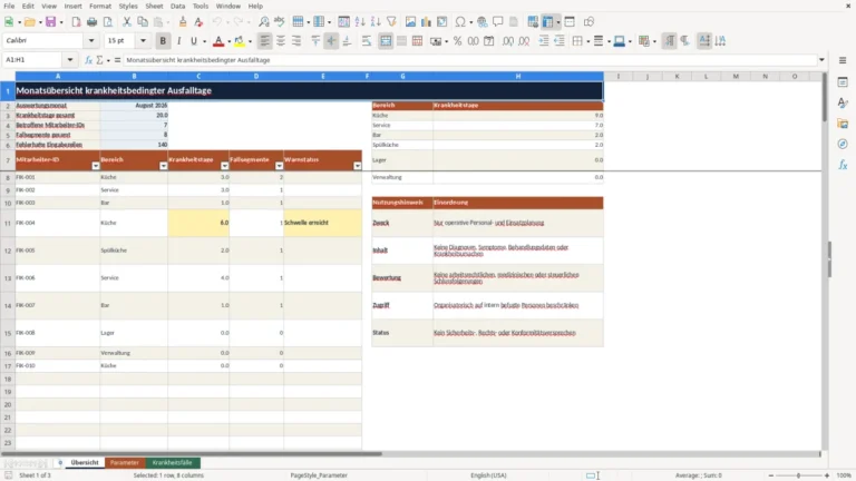 Vorschau von Krankheitsübersicht Mitarbeiter für Gastronomie in Excel